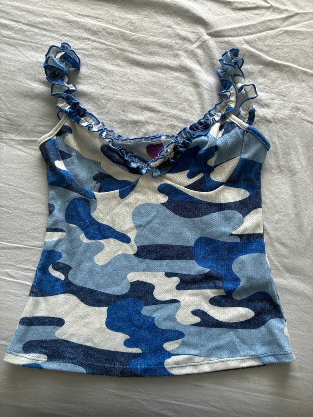 omighty Blue Camouflage Ruffle-Strap Tank